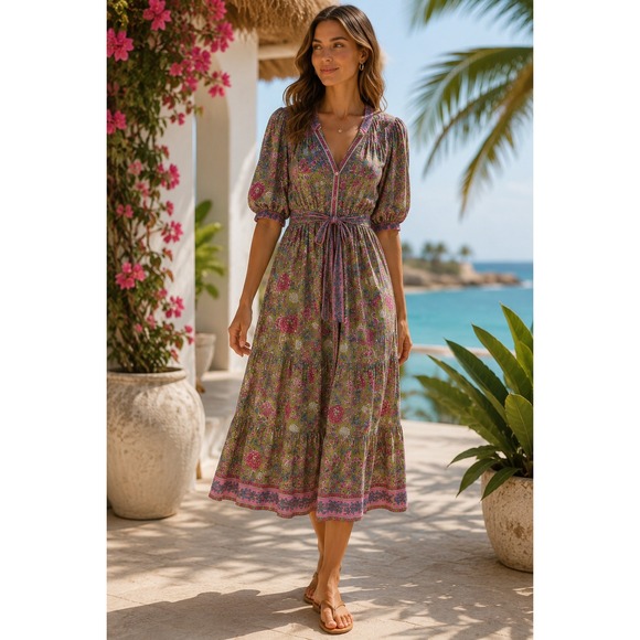 Lola Australia Dresses & Skirts - LOLA Australia NWOT Pink Floral Boho Resortwear Midi LS Button Tie Waist Dress M